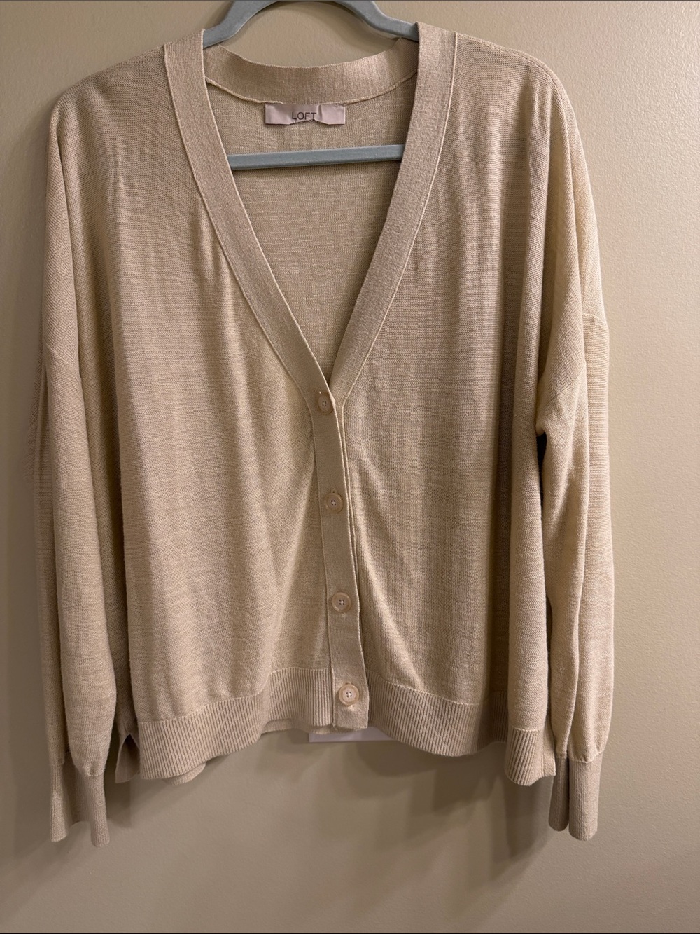 LOFT Beige/Cream Lightweight V-Neck Button Cardigan